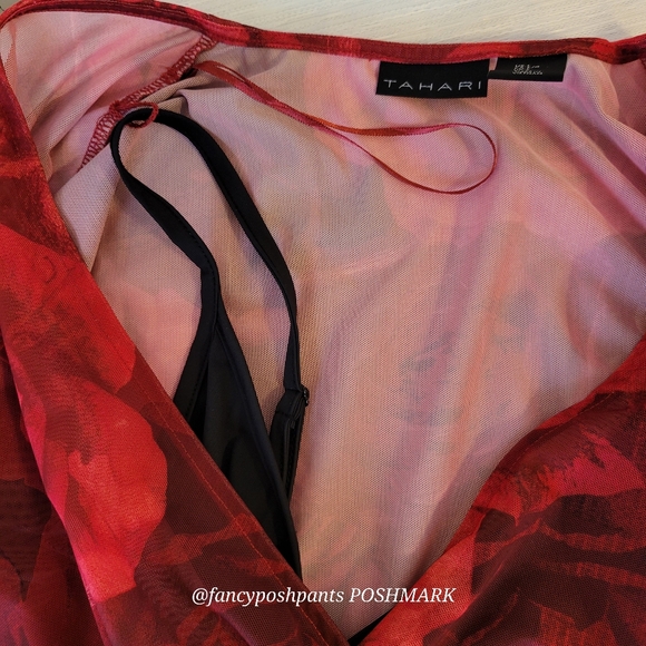 TAHARI red rose fitted  bodycon bodysuit attached black shaper liner snap - Picture 4 of 17